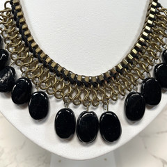 Antique Brass Link Mesh Bib Necklace Chunky Black Dangle Bead Statement Collar