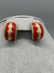 Vintage Red Enamel Gold Tone Post Earrings Statement Wavy Twist Design Bold 80s