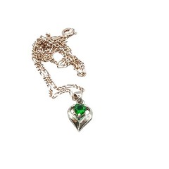 Sterling Silver Heart Pendant Necklace with Green Gemstone & Delicate Figaro Cha