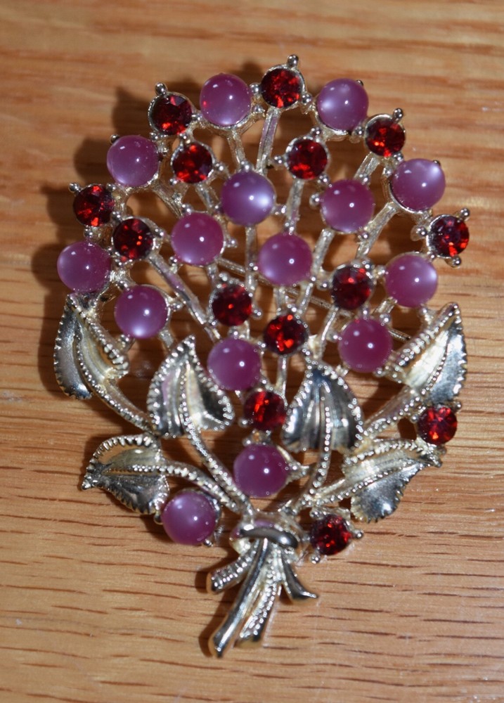 VTG STAR Floral Bouquet Pin Brooch Red & Pink Rhinestones Stones Flowers Leaves