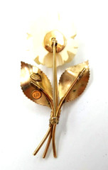 Beautiful Gold Filled 2.5″ White Rose w/Leaves Brooch Pin