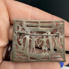 Vintage Egyptian Revival Storyteller Brooch Silver Tone Stamped Trombone Clasp