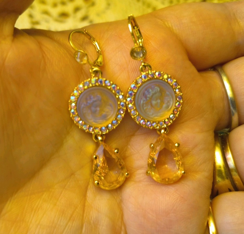 Vintage Cherub Pink Glass Rhinestone Earrings Kirks Folly Signed Rare
