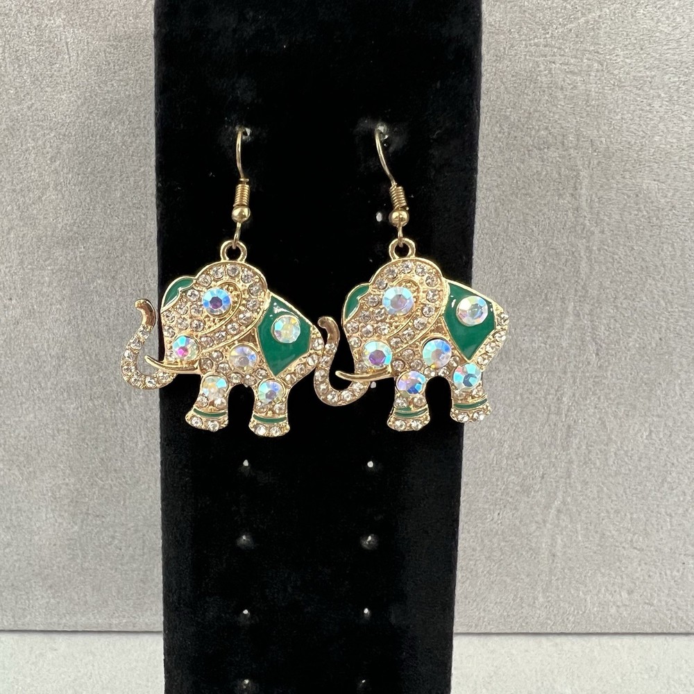 AB Beaded Elephant Earrings Boho Green Enamel Rhinestone Lucky Dangle Gold Tone