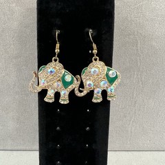 AB Beaded Elephant Earrings Boho Green Enamel Rhinestone Lucky Dangle Gold Tone
