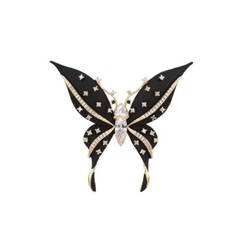 Vintage Black Enamel Butterfly Brooch Gold Tone Crystal Rhinestone Pin