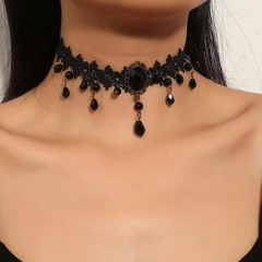 Vintage Black Lace Flower Choker Necklace Crystal Tassel Beaded Chain Gift