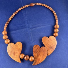 Vintage Wooden 3 Hearts Bead Necklace 24”