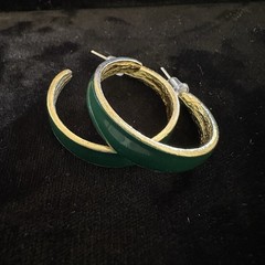Vintage Green Enamel Gold Tone Hoop Earrings Pierced Retro Minimalist