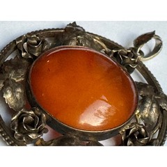 Antique Egg Yolk Amber Pendant Rose European 800 Silver Victorian Pendant