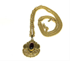 Vintage 1928 Necklace Gold Tone Filigree Pendant Purple Acrylic Center 28″