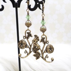 Art Nouveau Floral Brass Earrings Green Crystal Dangle Leverback Vintage Style