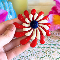 Vintage Red White Blue Enamel Flower Brooch Mid Century Atomic Starburst Pin