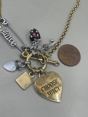 JUICY COUTURE Two Tone Safety Pin Hearts Strawberry Letter J Charm Necklace READ