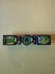 Antique 2” Art Deco Bar Brooch signed “CZECHSLOV” / 2 Green 1 Blue Glass Stones