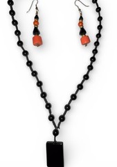 Vintage Coral Czech BEADED Earrings & Black Onyx Beaded Necklace-Estate Item