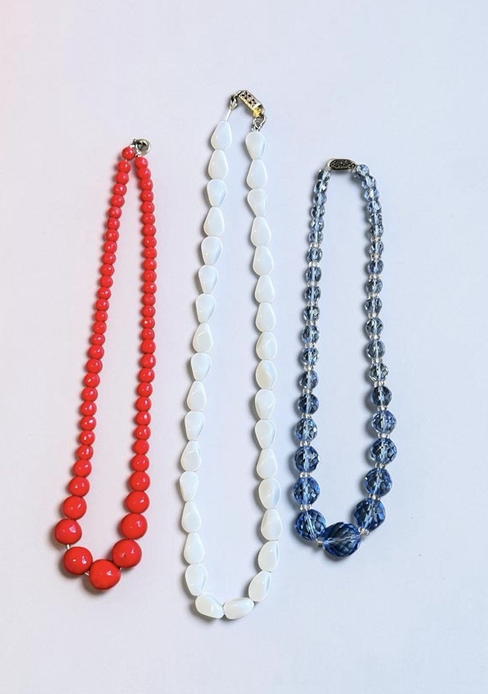 Lot of 3 Vintage Glass Bead Choker Necklaces – Red White & Blue