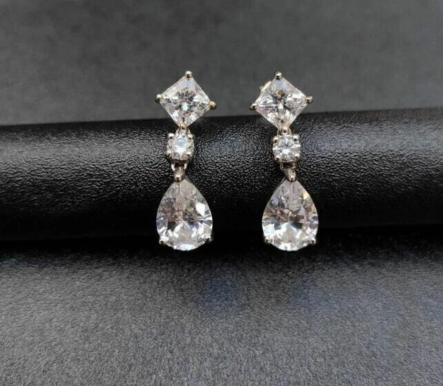 Art Deco Pear Cut Lab Created Diamond Three-Stone 925 Silver Engagement Earrings