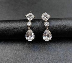 Art Deco Pear Cut Lab Created Diamond Three-Stone 925 Silver Engagement Earrings
