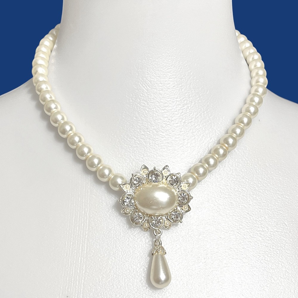 VTG Rhinestone Flower Pendant Necklace Imitation Pearl Beads Collar Bridal 16.5″