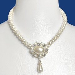 VTG Rhinestone Flower Pendant Necklace Imitation Pearl Beads Collar Bridal 16.5″