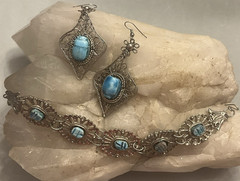 Vintage Egyptian Revival Turquoise Scarab Silver Filigree Bracelet/Earrings Set