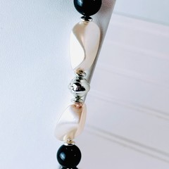 Vtg 1960s Beaded Necklace – 28” -Tagged GENUINE LUCITE -Black Pearl Silver Beads