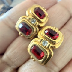 Vintage Gold Tone Ruby Red Rhinestone Geometric Art Deco Revival Post Earrings