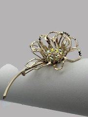 Vintage 1968 Gold Tone Floral Brooch Aurora Borealis Large Long-Stem Flower Pin