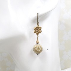 Gold Flower Dangle Earrings: Vintage Style Acrylic Pearl Bead Handmade Jewelry