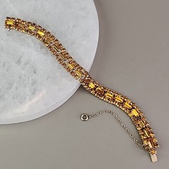 Vintage Rhinestone Bracelet Orange Glass Tennis Safety Chain Gold Tone 6.5″