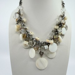 Vintage Silver Tone Mother of Pearl Necklace Multi Strand Cluster Charm Bib Boho