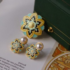 Vintage Enamel Flower Brooch Earring Pearl Women Clothing Party Accessories Gift