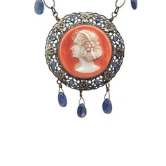 Vintage Handmade OOAK Cameo Necklace, Gemstone Dangle Statement Artisan Necklace