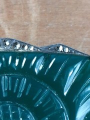 Antique Art Deco Carved Chrysoprase Marcasite Stamped 935 Sterling Brooch Pin