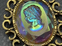 Vintage Huge AB Aurora Borealis Rainbow Glass Cameo Intaglio Brooch Gold Tone