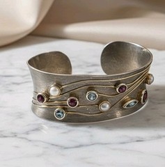 Sterling Silver 925 Artisan Cuff & Ring Set Mixed Metal Gold Accents Multi Stone