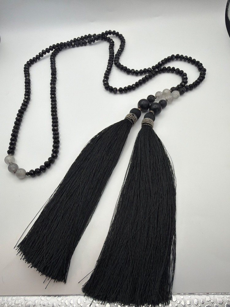 Long Black Onyx Lava Rock Crackle Quartz Beaded Silk Tassel Scarf Necklace
