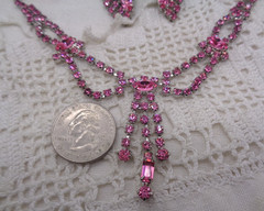 Vintage Pink Rhinestone Necklace & Clip Earrings Set