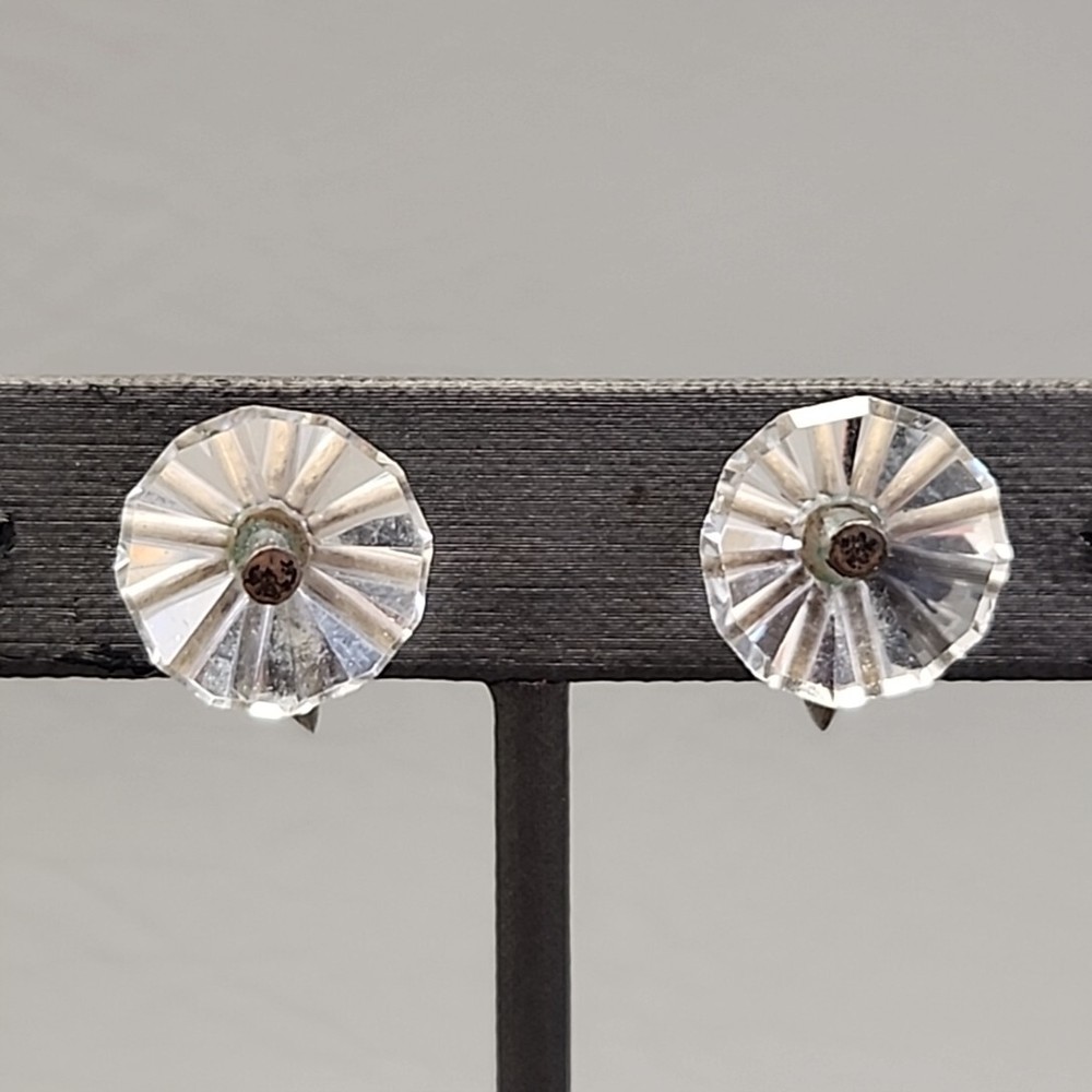 Vintage Art Deco Screwback Earrings Rock Crystal Clear Round Faceted 1/2″