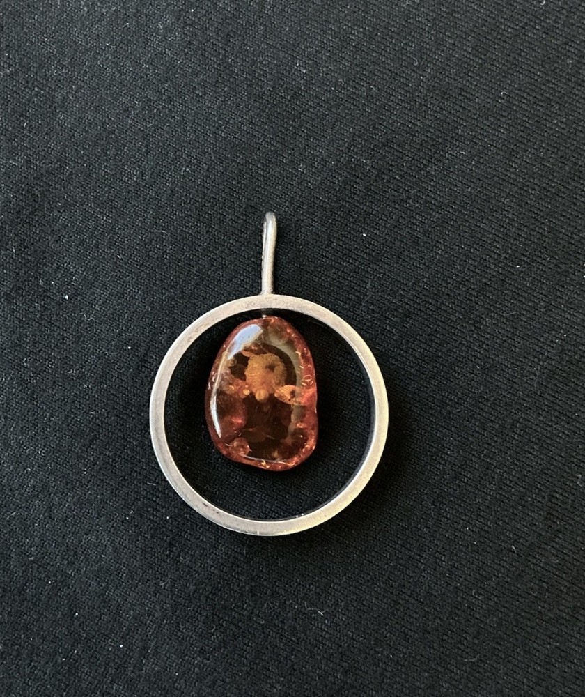 Vintage Mid Century Sterling Silver Baltic Amber Circle Pendant Modernist 5g