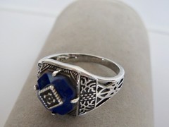 Antique Carved LAPIS LAZULI & Sterling Silver RING Size 9.5, 13mm Wide Filigree