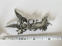 Vtg Pewter JJ Jonette Winged Angel Brooch Pin w Glowing Star 3.25″