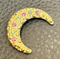 Vintage 80s Gold Tone Crescent Moon Pin Brooch Pink Green Rhinestones Celestial