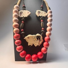 Vintage Necklace Lot Eclectic Kid Core Chunky Wood Beads Sheep Pink