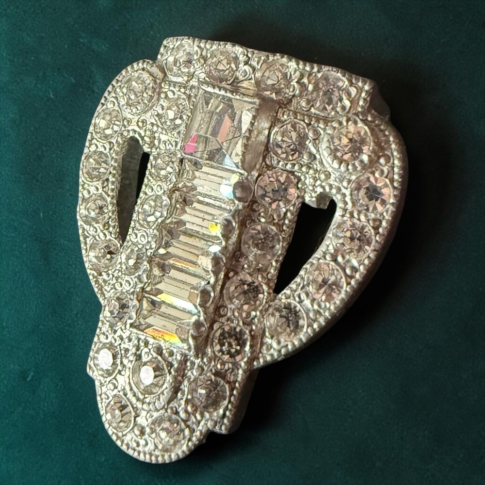 Dress Clip Art Deco Rhinestone Pot Metal Clear Crystal Vintage Fur