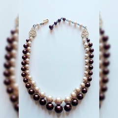 Japan Vintage Midcentury Faux Pearl Necklace Double Strand Bronze & Ivory