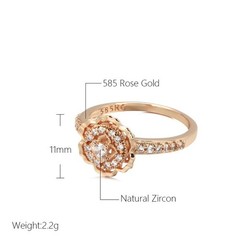 Vintage 585 Rose Gold Zircon Rose Flower Ring Women Crystal Wedding Jewelry Gift