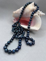 44″ 10mm Black Potato Pearl Necklace Blue Green Long Rope Handknotted