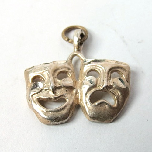 VTG DOUBLE SATYR GREEK TRAGEDY MASK 925 STERLING SILVER CHARM PENDANT 21MM